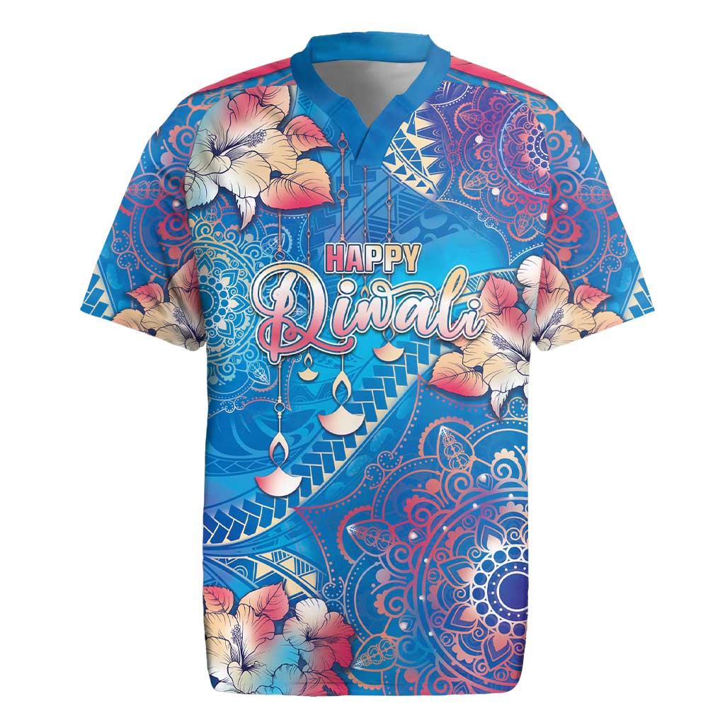 Happy Diwali Festival Rugby Jersey Diya Lamp Rangoli With Polynesian Pattern LT05 Blue - Polynesian Pride