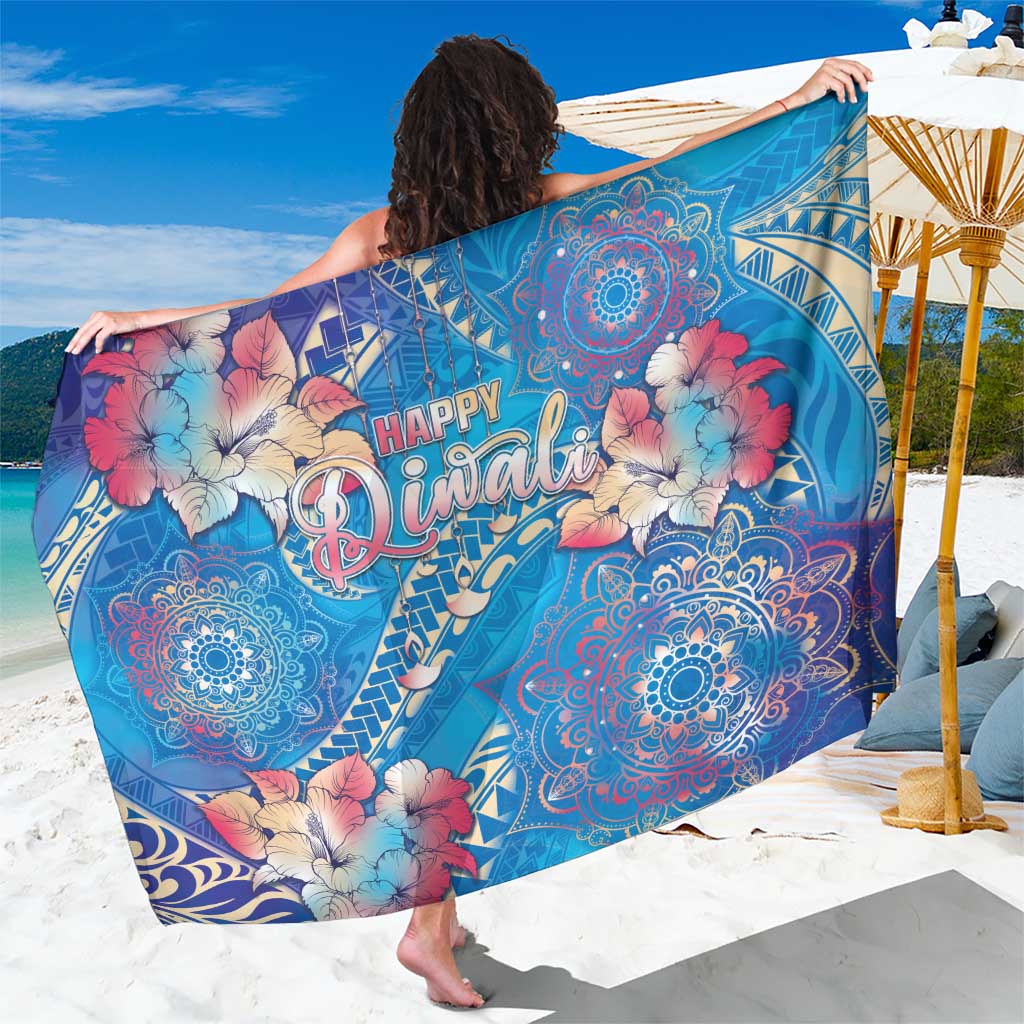 Happy Diwali Festival Sarong Diya Lamp Rangoli With Polynesian Pattern LT05 One Size 44 x 66 inches Blue - Polynesian Pride