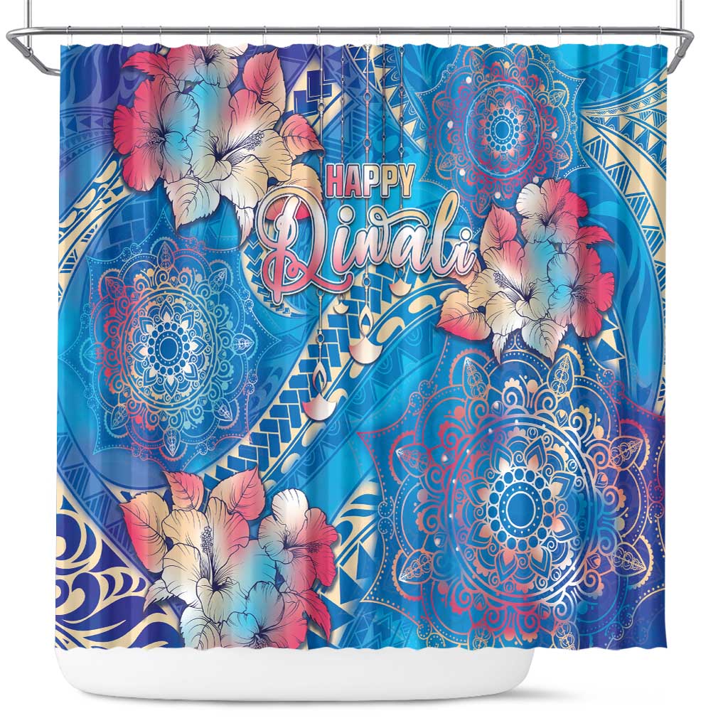 Happy Diwali Festival Shower Curtain Diya Lamp Rangoli With Polynesian Pattern LT05 Blue - Polynesian Pride