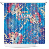 Happy Diwali Festival Shower Curtain Diya Lamp Rangoli With Polynesian Pattern LT05 Blue - Polynesian Pride
