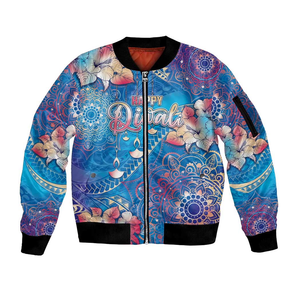 Happy Diwali Festival Sleeve Zip Bomber Jacket Diya Lamp Rangoli With Polynesian Pattern LT05 Unisex Blue - Polynesian Pride