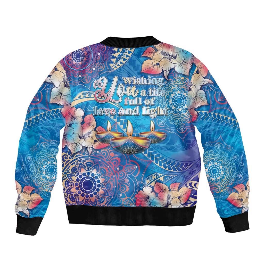 Happy Diwali Festival Sleeve Zip Bomber Jacket Diya Lamp Rangoli With Polynesian Pattern LT05 - Polynesian Pride
