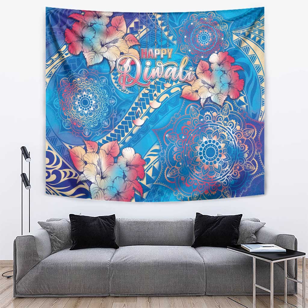 Happy Diwali Festival Tapestry Diya Lamp Rangoli With Polynesian Pattern LT05 Blue - Polynesian Pride