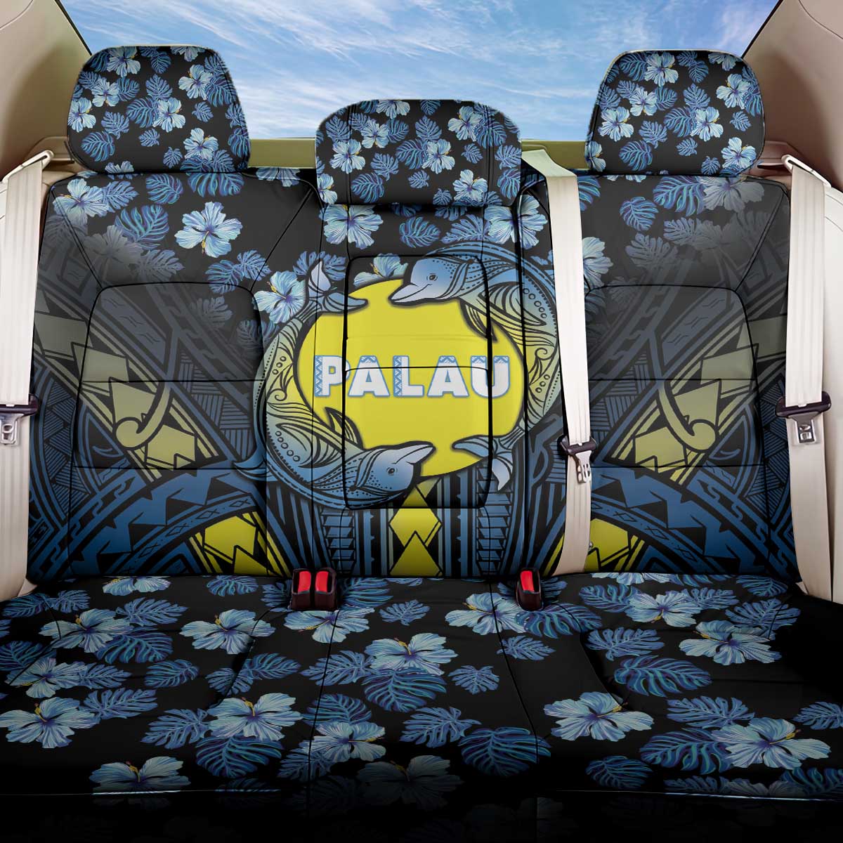 Palau Back Car Seat Cover Polynesian Dolphin Tropical Hibiscus Style LT05 One Size Black - Polynesian Pride