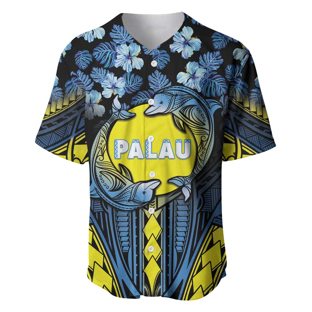 Personalised Palau Baseball Jersey Polynesian Dolphin Tropical Hibiscus Style LT05 Black - Polynesian Pride