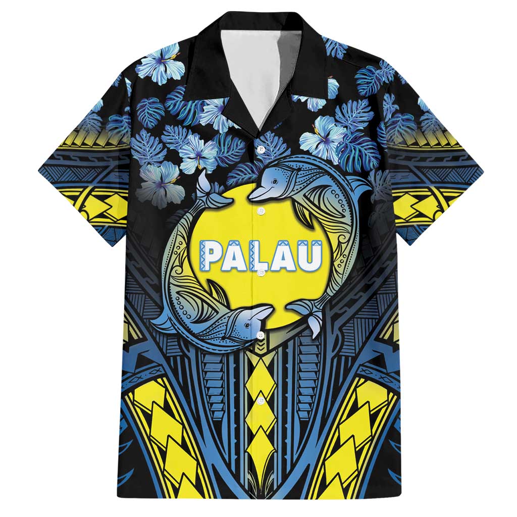 Personalised Palau Hawaiian Shirt Polynesian Dolphin Tropical Hibiscus Style LT05 Black - Polynesian Pride