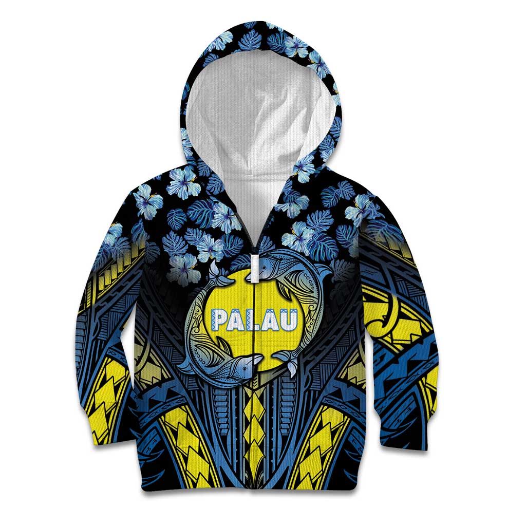 Personalised Palau Kid Hoodie Polynesian Dolphin Tropical Hibiscus Style LT05 Zip Hoodie Black - Polynesian Pride