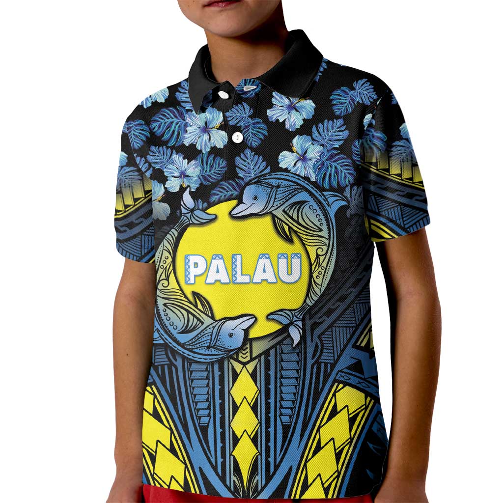 Personalised Palau Kid Polo Shirt Polynesian Dolphin Tropical Hibiscus Style LT05 Kid Black - Polynesian Pride