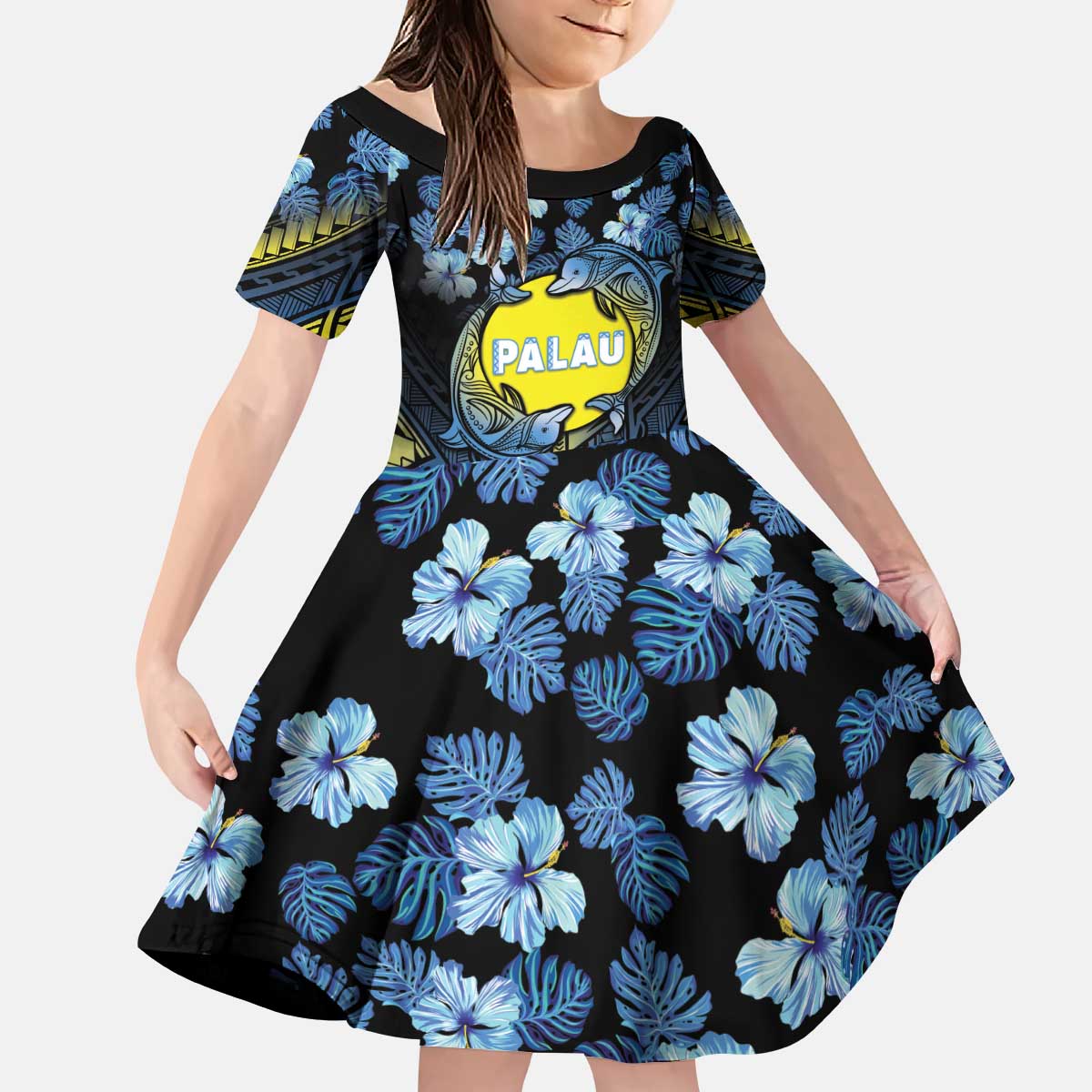 Personalised Palau Kid Short Sleeve Dress Polynesian Dolphin Tropical Hibiscus Style LT05 KID Black - Polynesian Pride