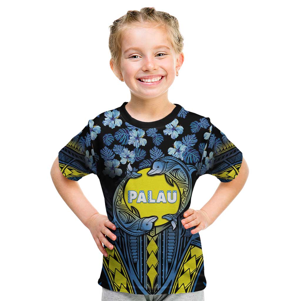 Personalised Palau Kid T Shirt Polynesian Dolphin Tropical Hibiscus Style LT05 Black - Polynesian Pride
