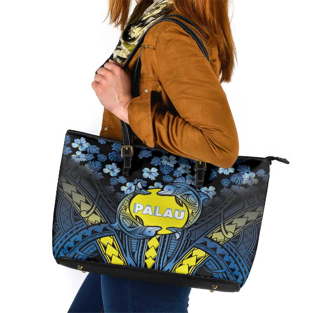 Palau Leather Tote Bag Polynesian Dolphin Tropical Hibiscus Style LT05 Black - Polynesian Pride