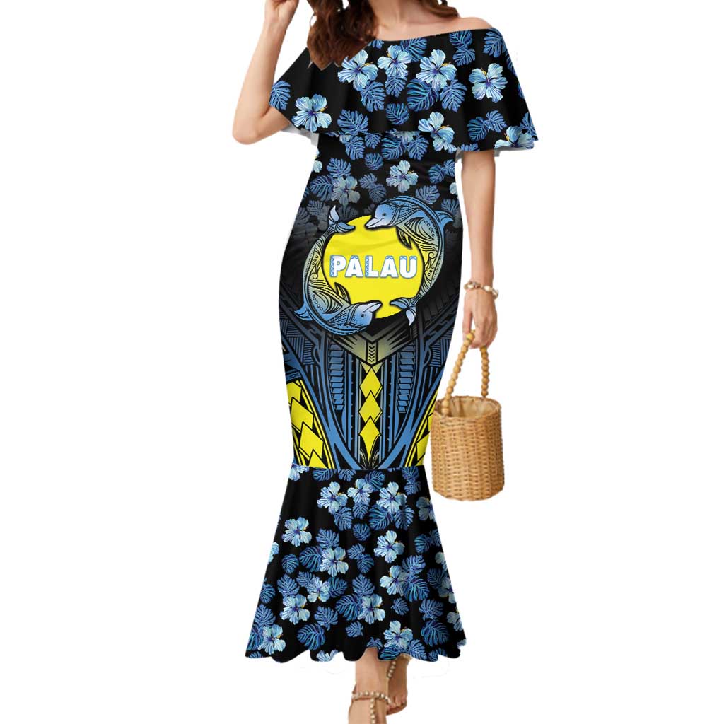 Personalised Palau Mermaid Dress Polynesian Dolphin Tropical Hibiscus Style LT05 Women Black - Polynesian Pride