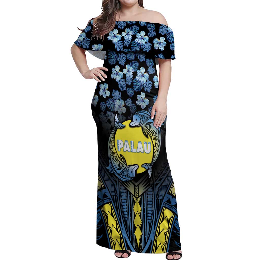 Personalised Palau Off Shoulder Maxi Dress Polynesian Dolphin Tropical Hibiscus Style LT05 Women Black - Polynesian Pride
