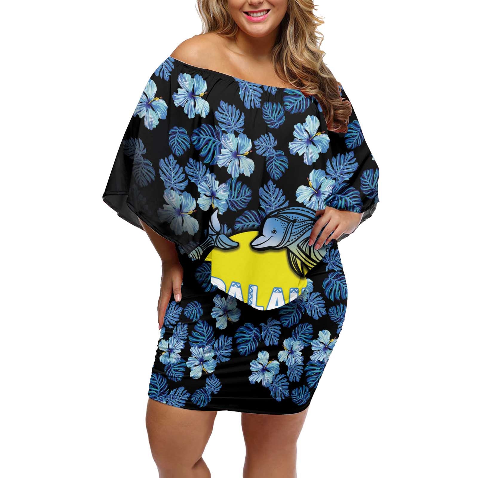 Personalised Palau Off Shoulder Short Dress Polynesian Dolphin Tropical Hibiscus Style LT05 Women Black - Polynesian Pride