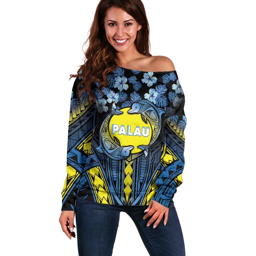 Personalised Palau Off Shoulder Sweater Polynesian Dolphin Tropical Hibiscus Style LT05 Women Black - Polynesian Pride