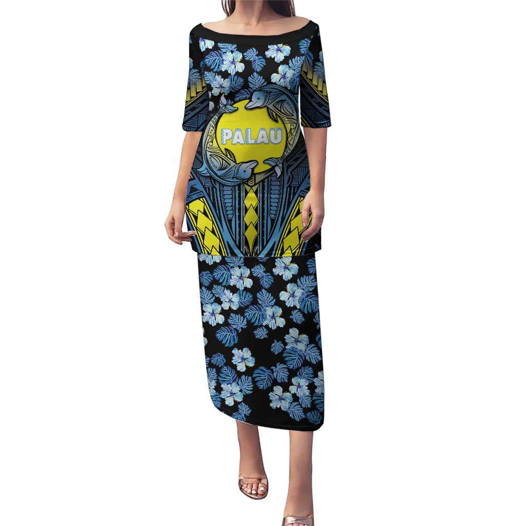 Personalised Palau Puletasi Polynesian Dolphin Tropical Hibiscus Style LT05 Long Dress Black - Polynesian Pride