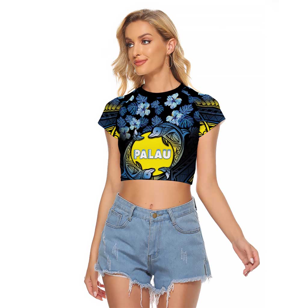 Personalised Palau Raglan Cropped T Shirt Polynesian Dolphin Tropical Hibiscus Style LT05 Female Black - Polynesian Pride