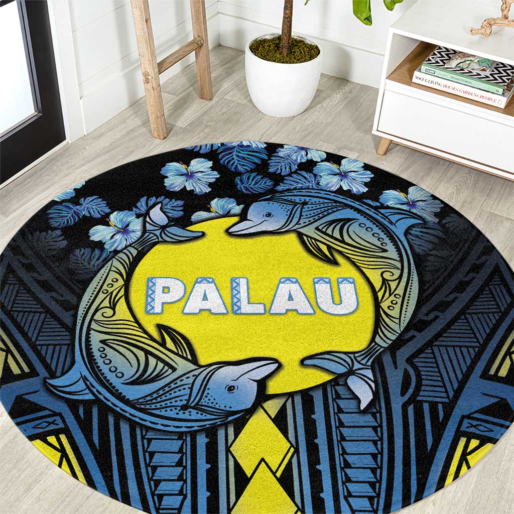 Palau Round Carpet Polynesian Dolphin Tropical Hibiscus Style LT05 Black - Polynesian Pride