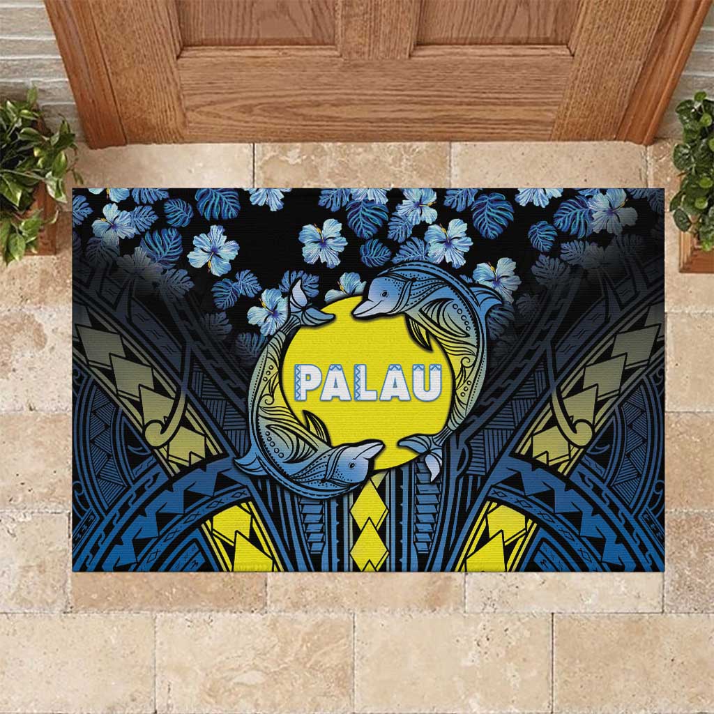 Palau Rubber Doormat Polynesian Dolphin Tropical Hibiscus Style LT05 Black - Polynesian Pride