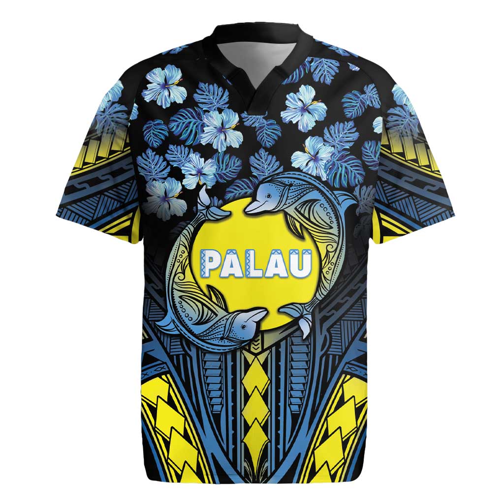 Personalised Palau Rugby Jersey Polynesian Dolphin Tropical Hibiscus Style LT05 Black - Polynesian Pride