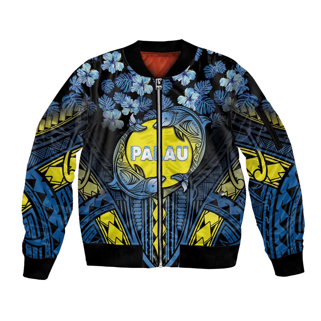 Personalised Palau Sleeve Zip Bomber Jacket Polynesian Dolphin Tropical Hibiscus Style LT05 Unisex Black - Polynesian Pride