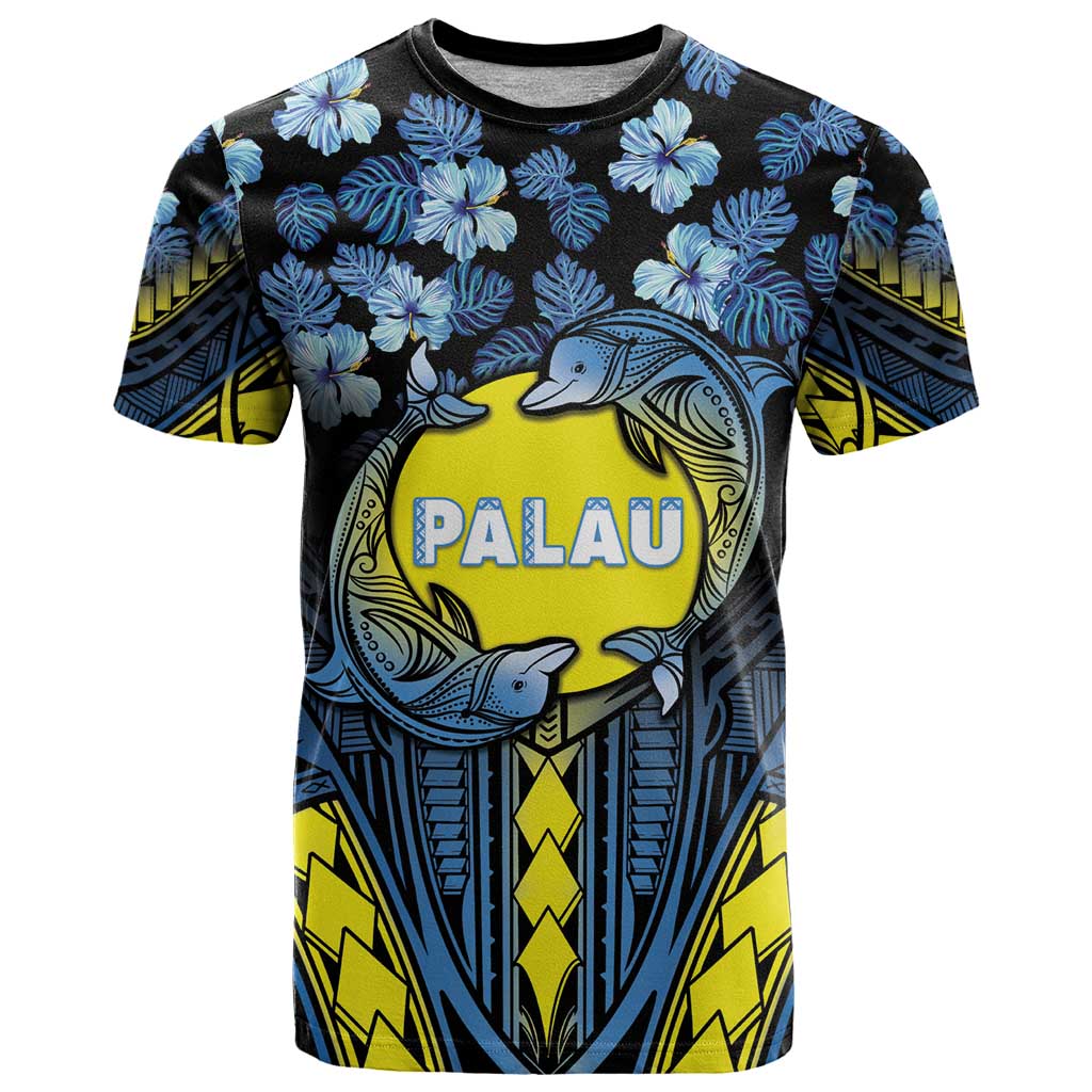 Personalised Palau T Shirt Polynesian Dolphin Tropical Hibiscus Style LT05 Black - Polynesian Pride
