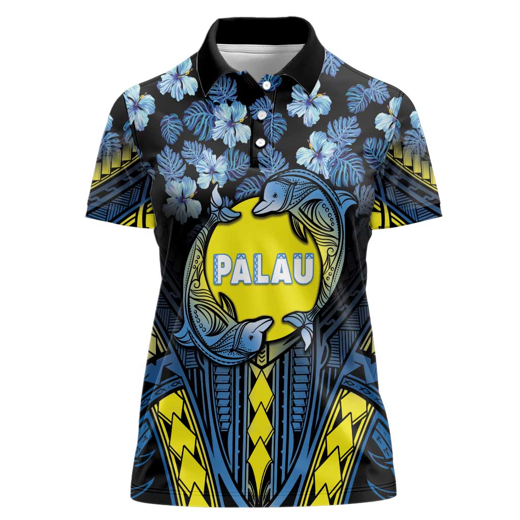 Personalised Palau Women Polo Shirt Polynesian Dolphin Tropical Hibiscus Style LT05 Female Black - Polynesian Pride