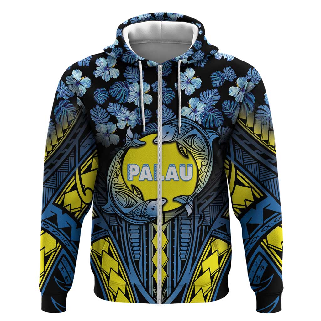 Personalised Palau Zip Hoodie Polynesian Dolphin Tropical Hibiscus Style LT05 Zip Hoodie Black - Polynesian Pride