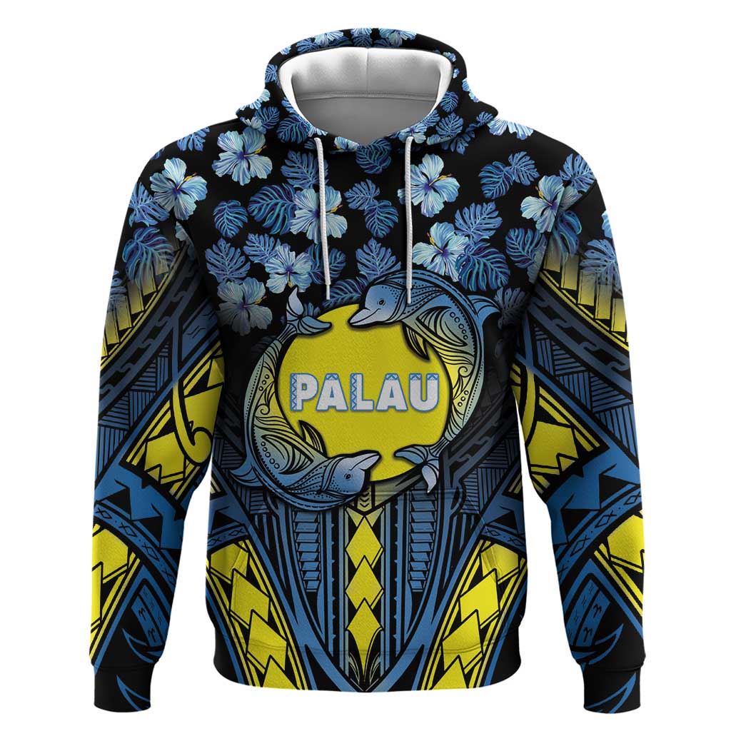 Personalised Palau Zip Hoodie Polynesian Dolphin Tropical Hibiscus Style LT05 Pullover Hoodie Black - Polynesian Pride