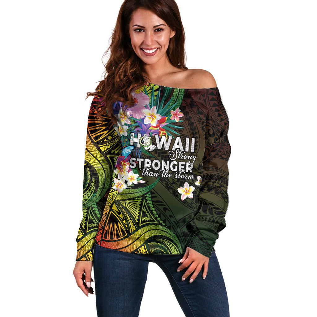 Hawaii Strong Off Shoulder Sweater Polynesian Tribal Tropical Flowers LT05 Women Black - Polynesian Pride