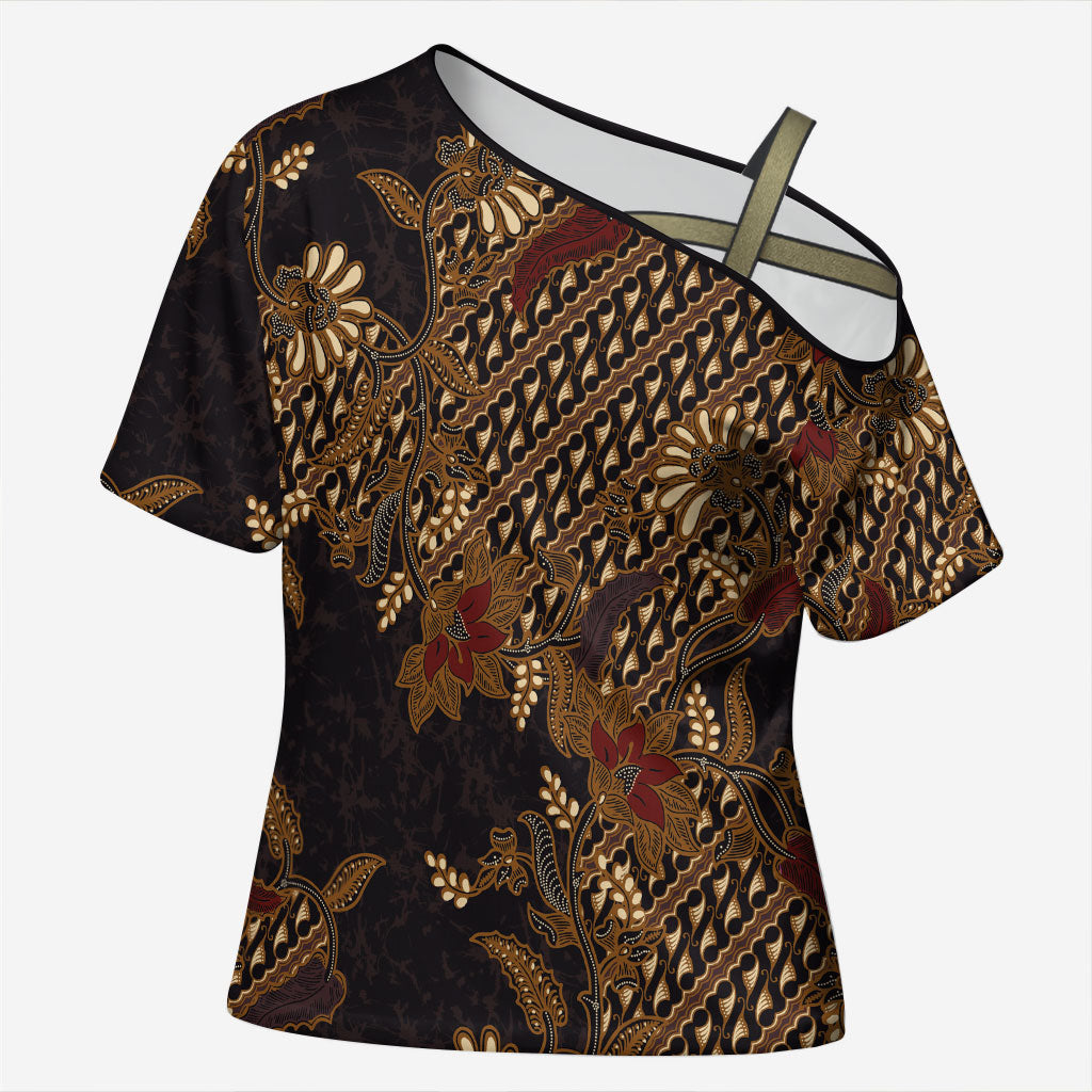 Indonesian Parang Batik Cross Shoulder Shirt Brown Gold Floral Pattern