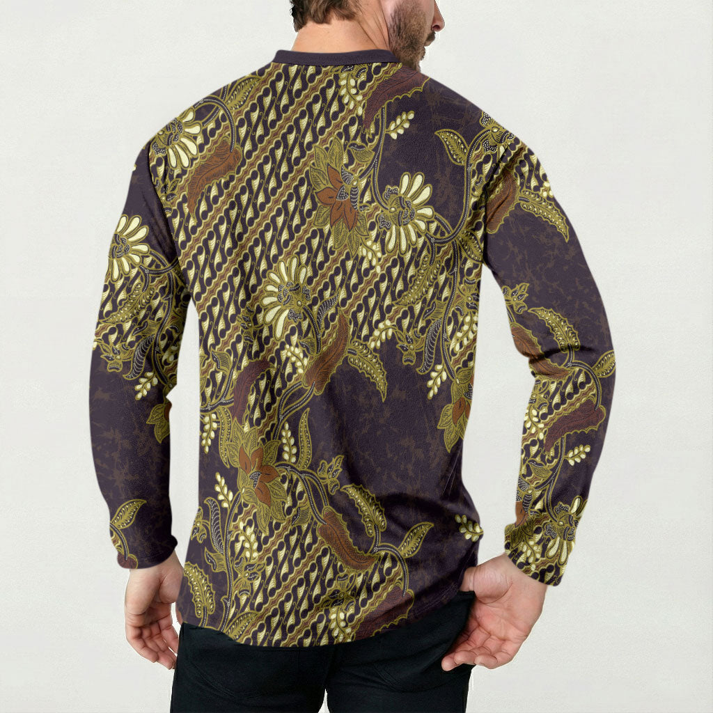 Indonesian Parang Batik Button Sweatshirt Yellow Floral Pattern LT05 - Polynesian Pride