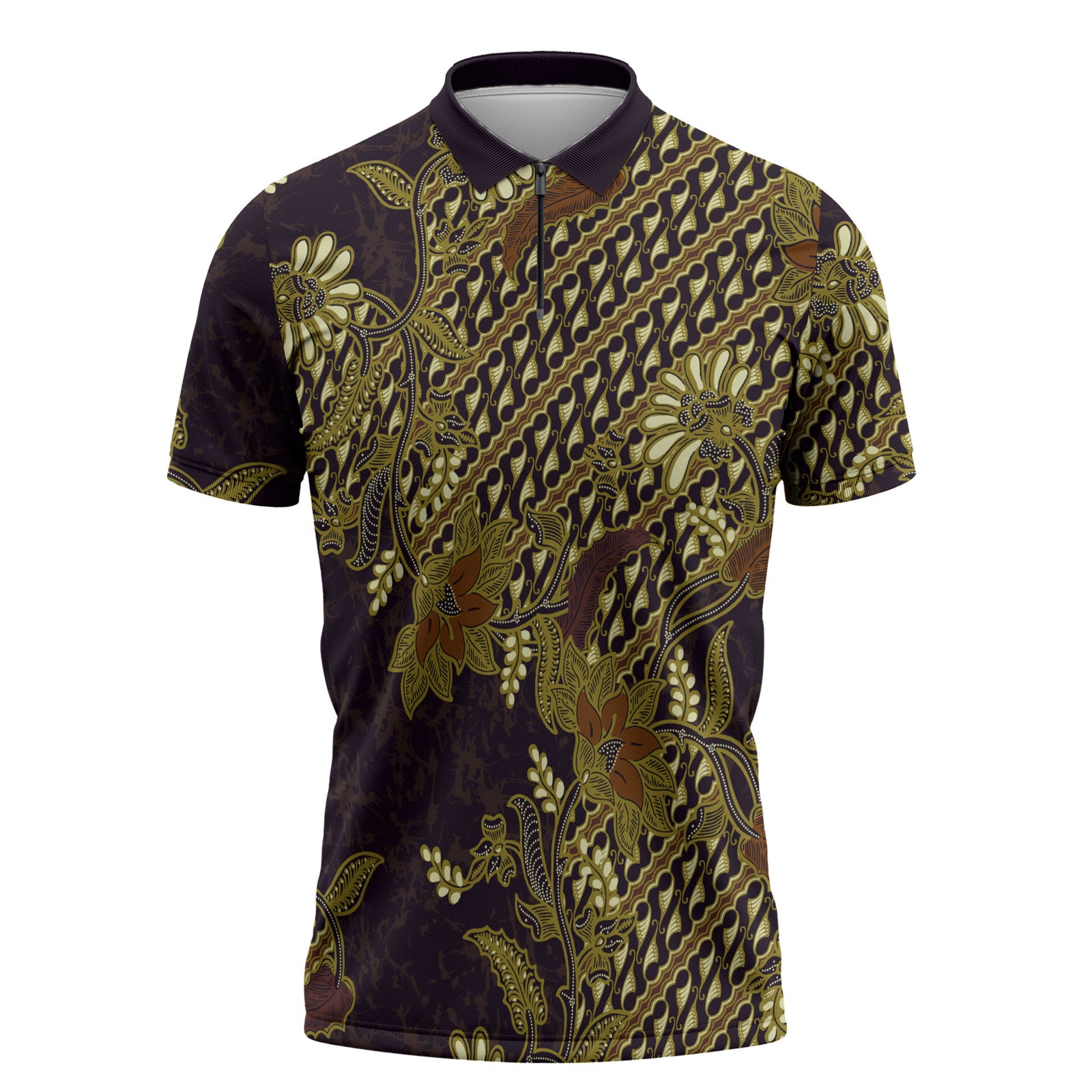 Indonesian Parang Batik Zipper Polo Shirt Yellow Floral Pattern