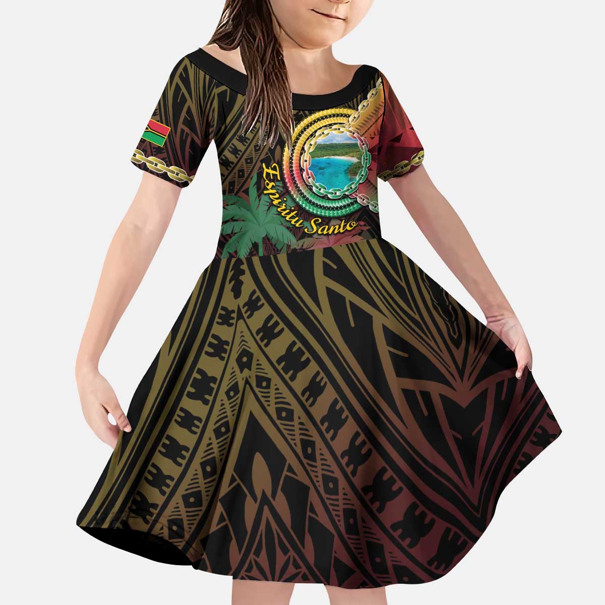 Vanuatu Espiritu Santo Island Kid Short Sleeve Dress Beach Landscape LT05 KID Black - Polynesian Pride