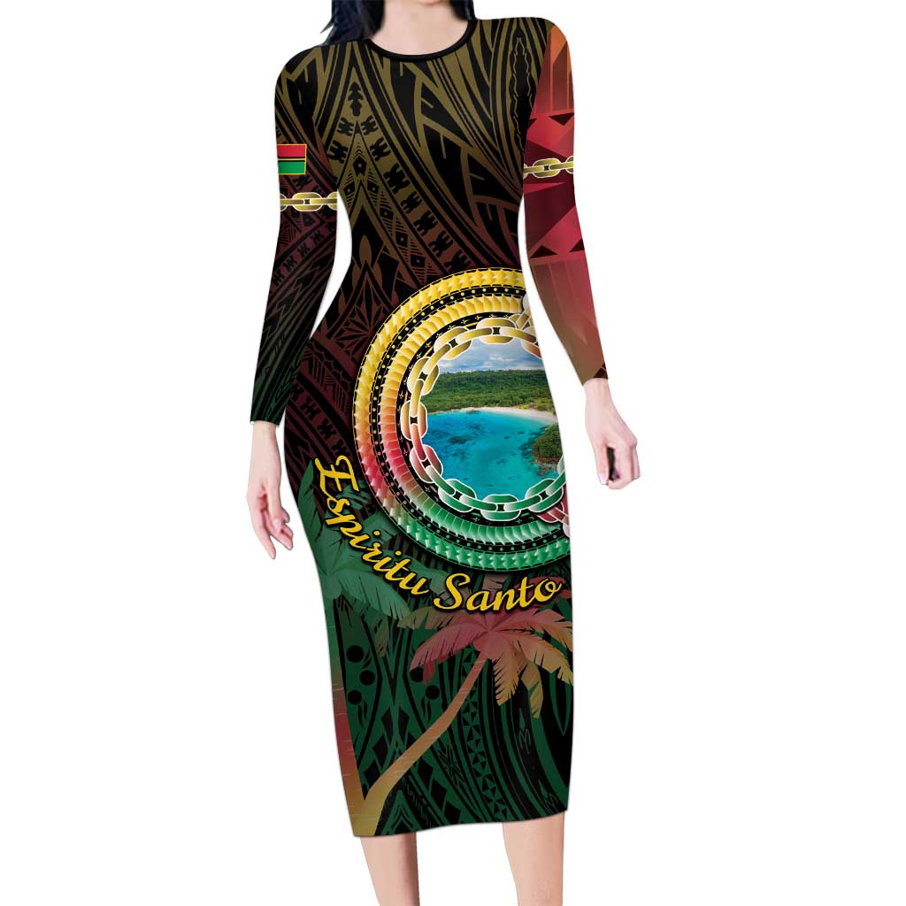 Vanuatu Espiritu Santo Island Long Sleeve Bodycon Dress Beach Landscape LT05 Long Dress Black - Polynesian Pride