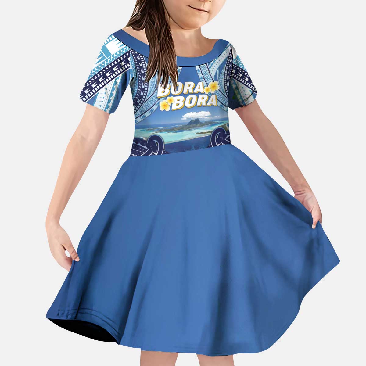 Personalised French Polynesia Bora Bora Kid Short Sleeve Dress Beach Landscape Polynesian Style LT05 KID Blue - Polynesian Pride