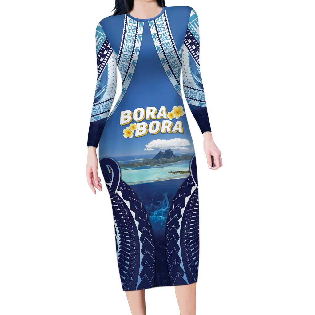 Personalised French Polynesia Bora Bora Long Sleeve Bodycon Dress Beach Landscape Polynesian Style LT05 Long Dress Blue - Polynesian Pride