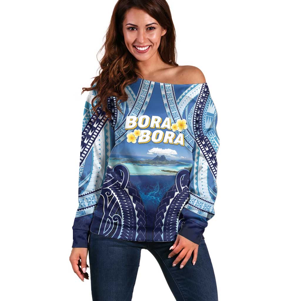 Personalised French Polynesia Bora Bora Off Shoulder Sweater Beach Landscape Polynesian Style LT05 Women Blue - Polynesian Pride