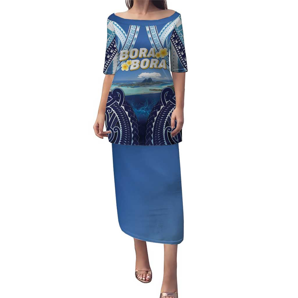 Personalised French Polynesia Bora Bora Puletasi Beach Landscape Polynesian Style LT05 Long Dress Blue - Polynesian Pride