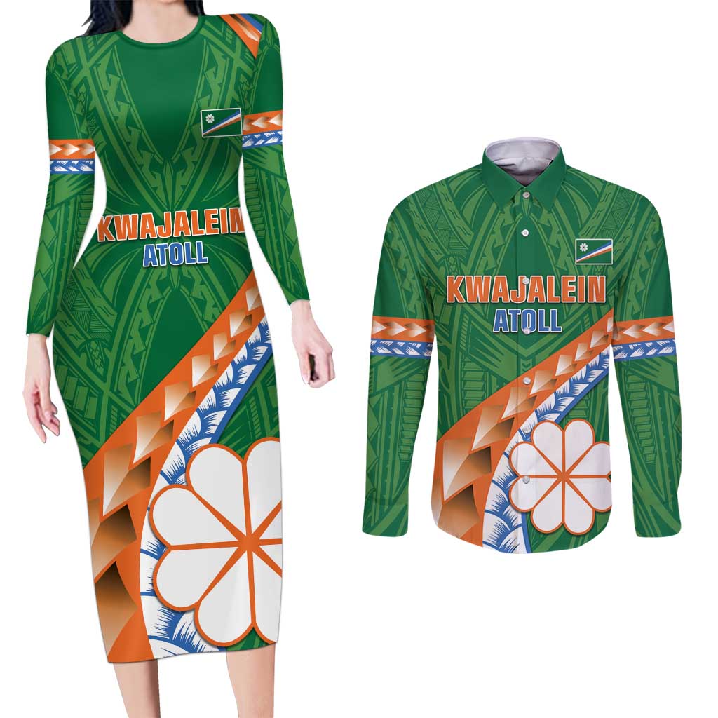 Personalised Marshall Islands Kwajalein Atoll Couples Matching Long Sleeve Bodycon Dress and Long Sleeve Button Shirt Polynesian Tribal Tattoo