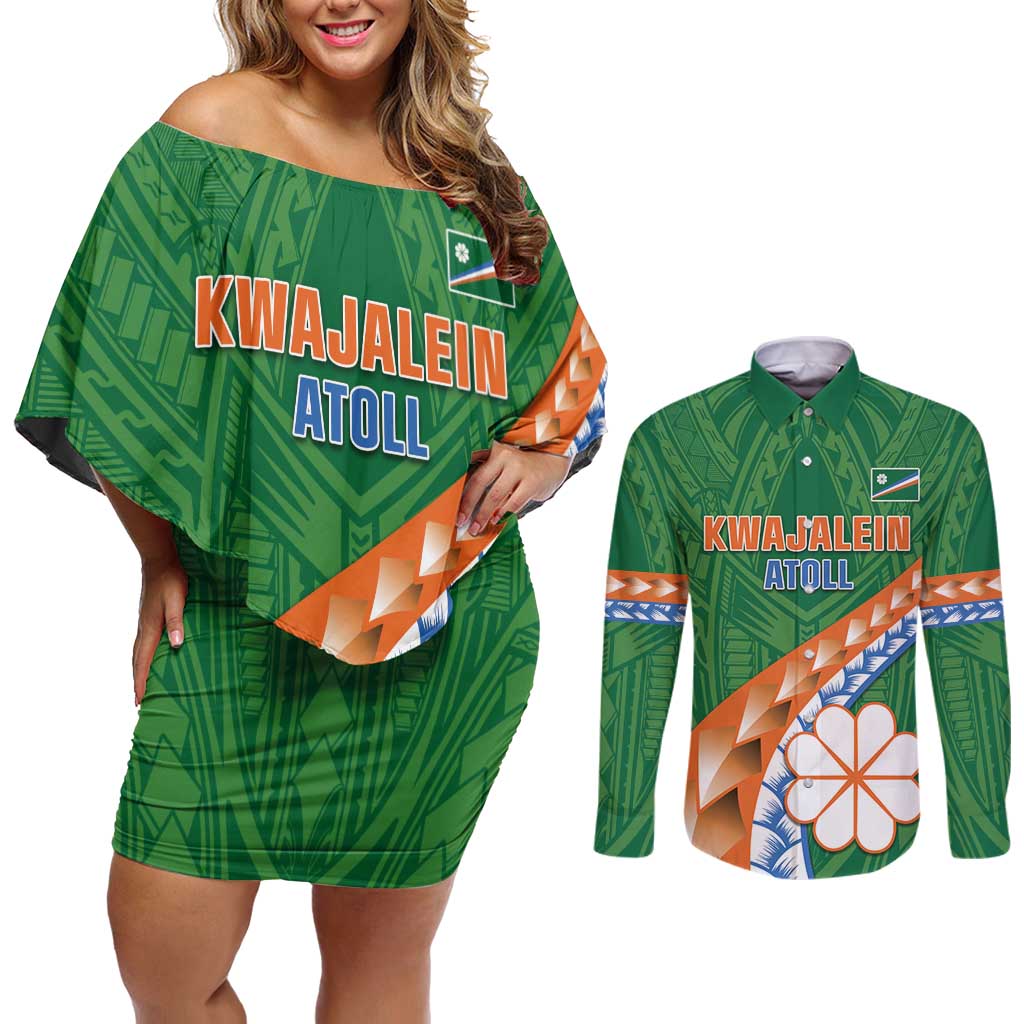 Personalised Marshall Islands Kwajalein Atoll Couples Matching Off Shoulder Short Dress and Long Sleeve Button Shirt Polynesian Tribal Tattoo