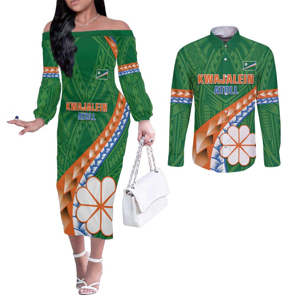 Personalised Marshall Islands Kwajalein Atoll Couples Matching Off The Shoulder Long Sleeve Dress and Long Sleeve Button Shirt Polynesian Tribal Tattoo