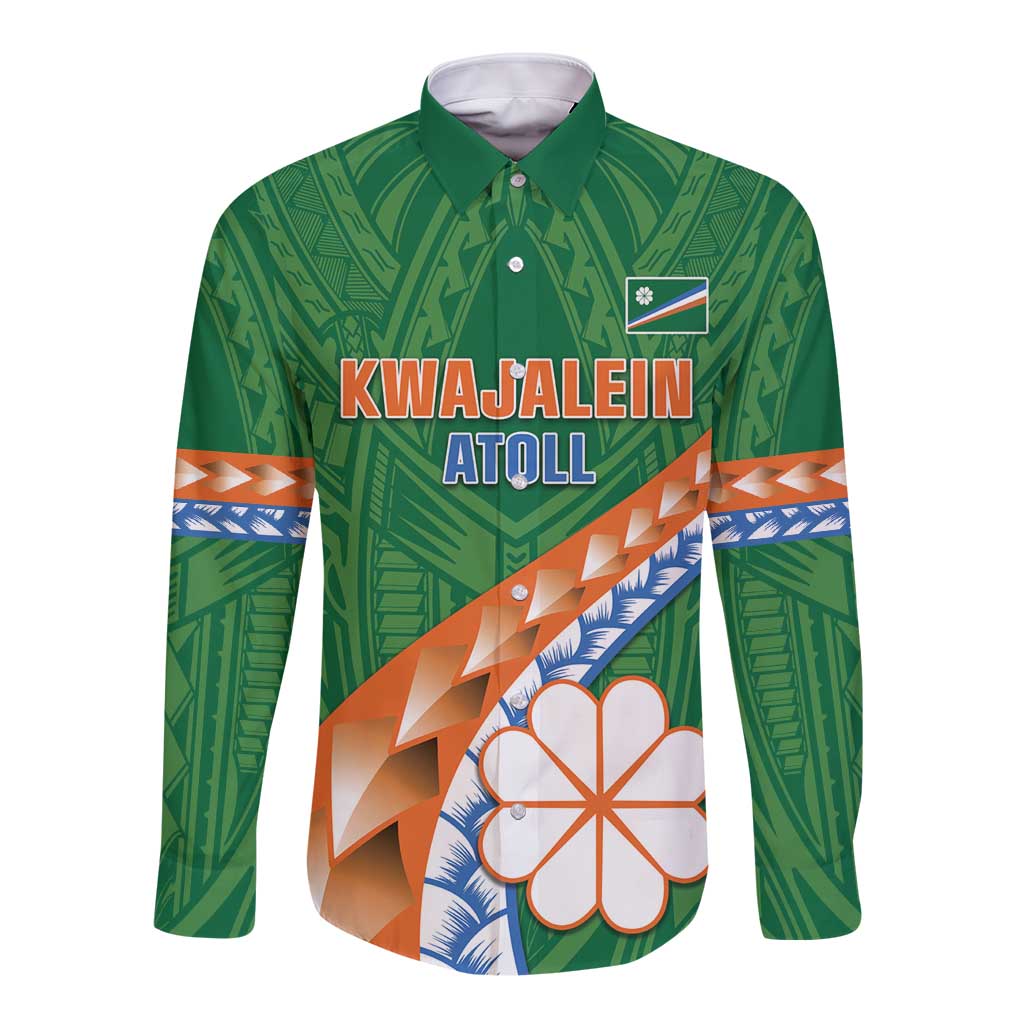 Personalised Marshall Islands Kwajalein Atoll Long Sleeve Button Shirt Polynesian Tribal Tattoo LT05 Unisex Green - Polynesian Pride