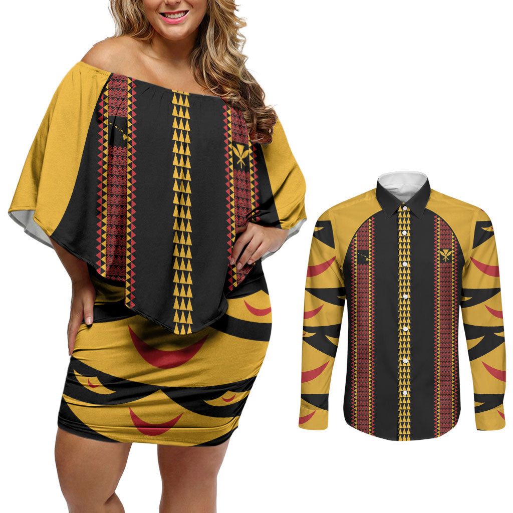 Hawaii Ahu Ula Inspired Couples Matching Off Shoulder Short Dress and Long Sleeve Button Shirt Black Version LT05 Black - Polynesian Pride