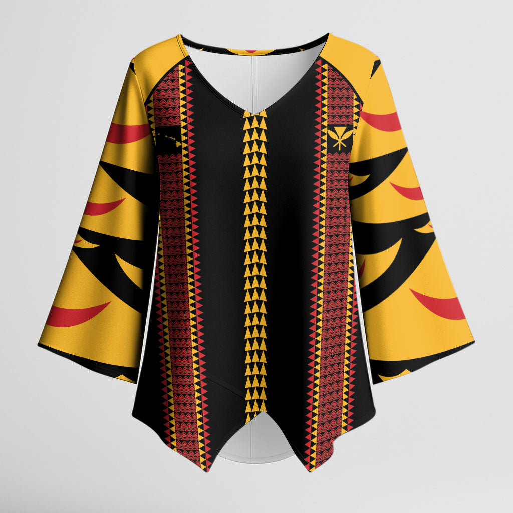 Hawaii Ahu Ula Inspired Kimono Sleeve Blouse Black Version LT05 Female Black - Polynesian Pride
