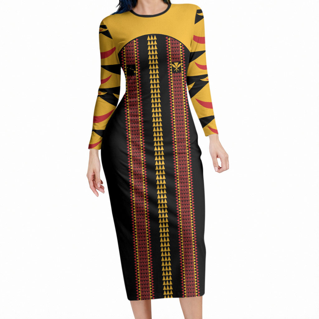 Hawaii Ahu Ula Inspired Long Sleeve Bodycon Dress Black Version LT05 Long Dress Black - Polynesian Pride