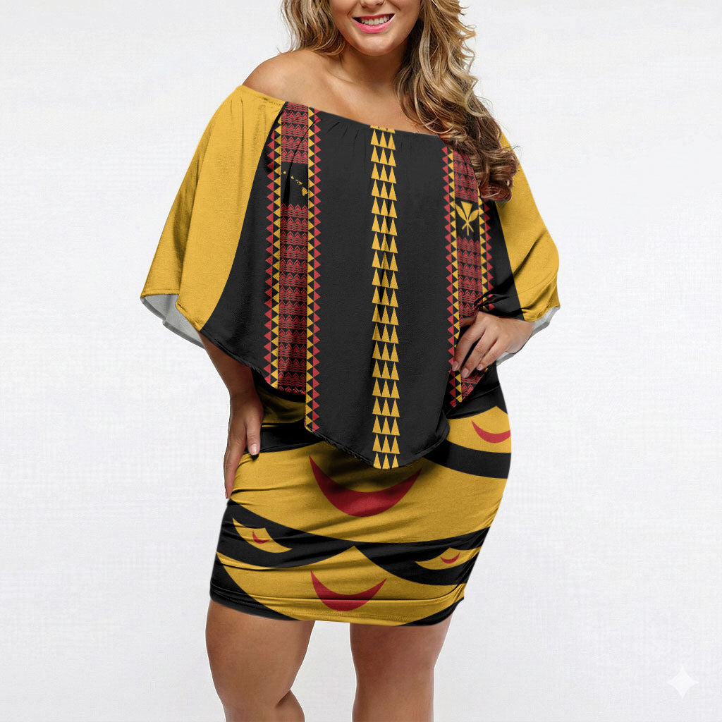 Hawaii Ahu Ula Inspired Off Shoulder Short Dress Black Version LT05 Women Black - Polynesian Pride