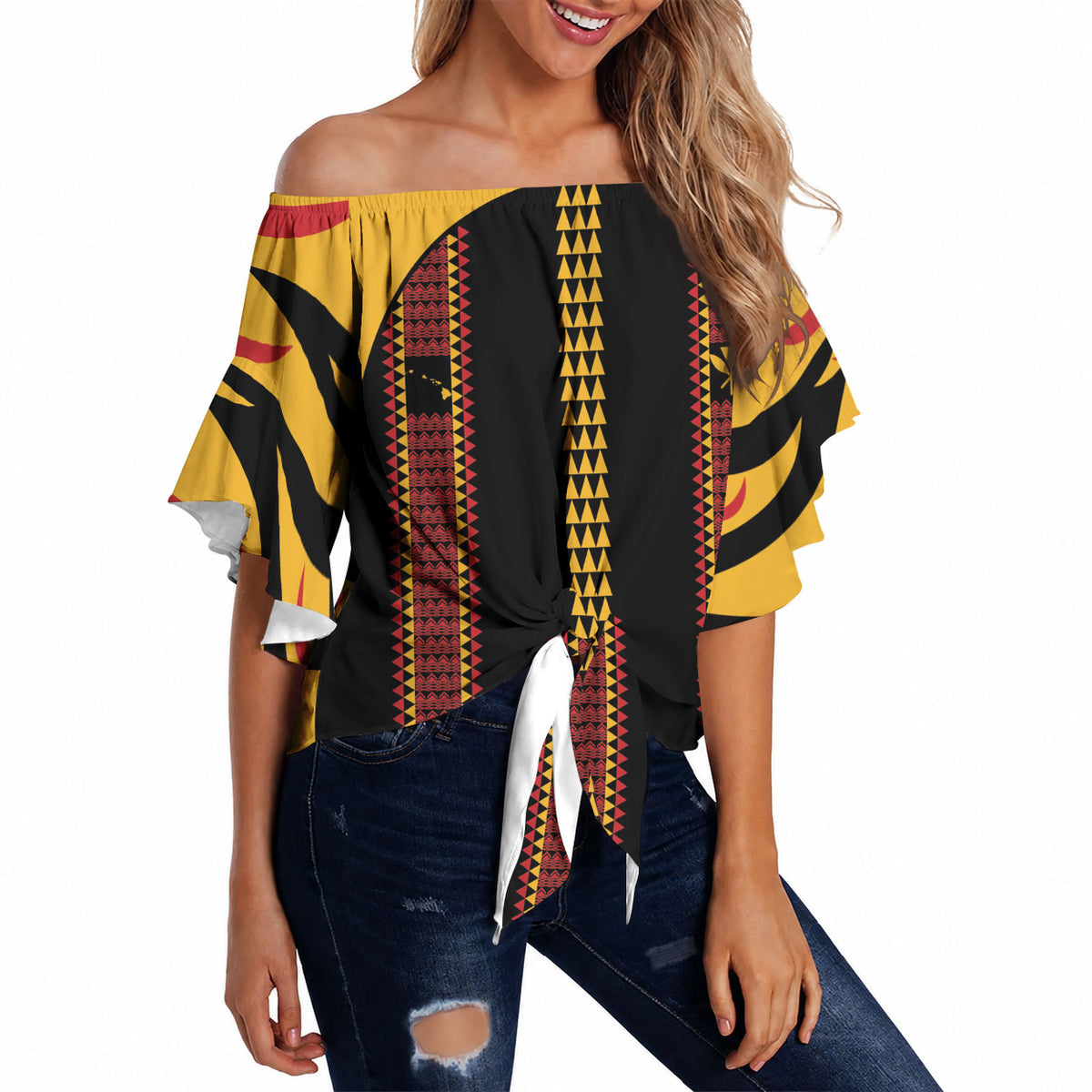 Hawaii Ahu Ula Inspired Off Shoulder Wrap Waist Top Black Version
