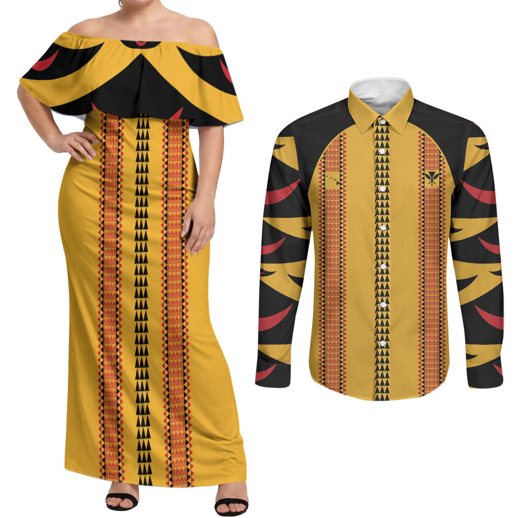 Hawaii Ahu Ula Inspired Couples Matching Off Shoulder Maxi Dress and Long Sleeve Button Shirt Yellow Version LT05 Yellow - Polynesian Pride