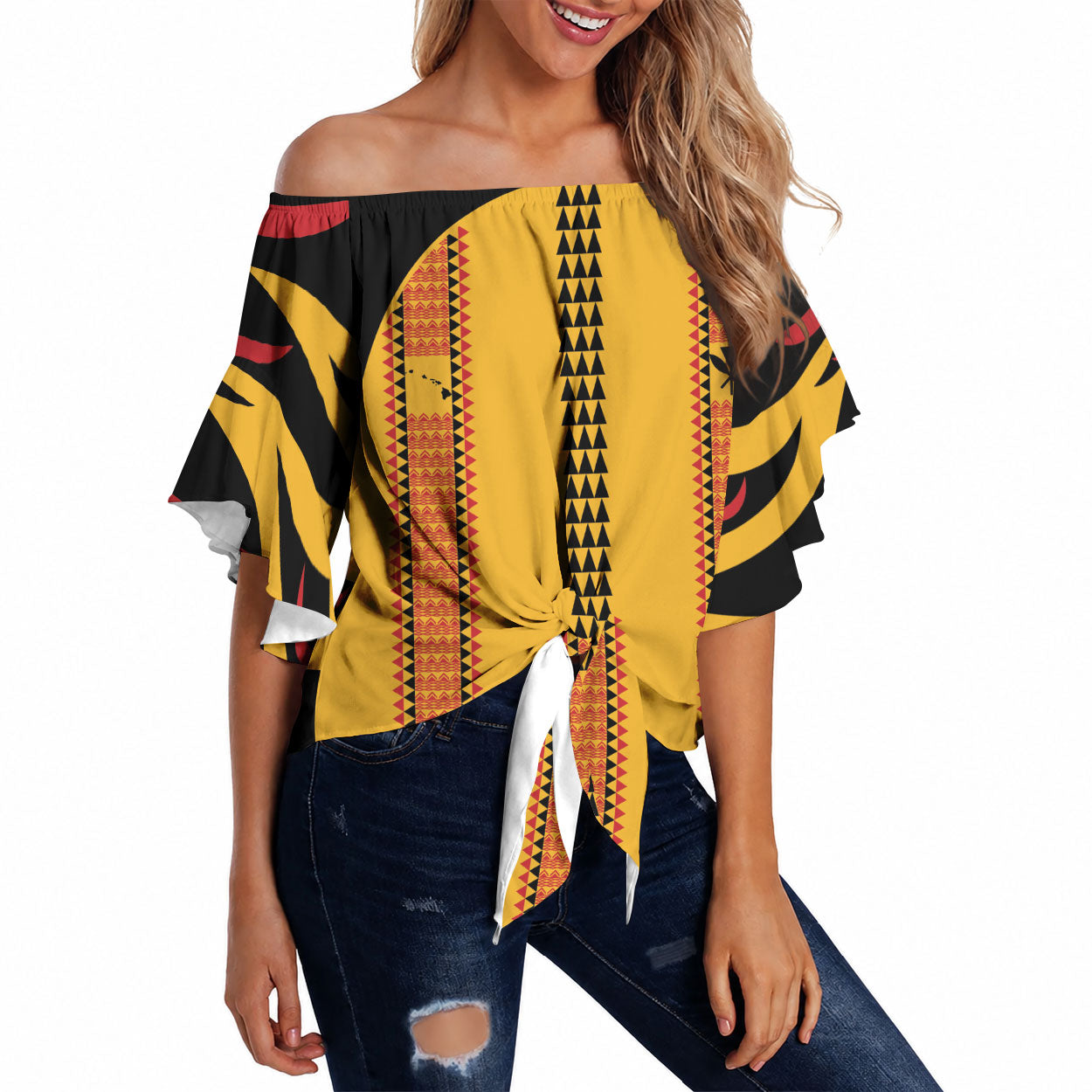 Hawaii Ahu Ula Inspired Off Shoulder Wrap Waist Top Yellow Version LT05 Yellow - Polynesian Pride
